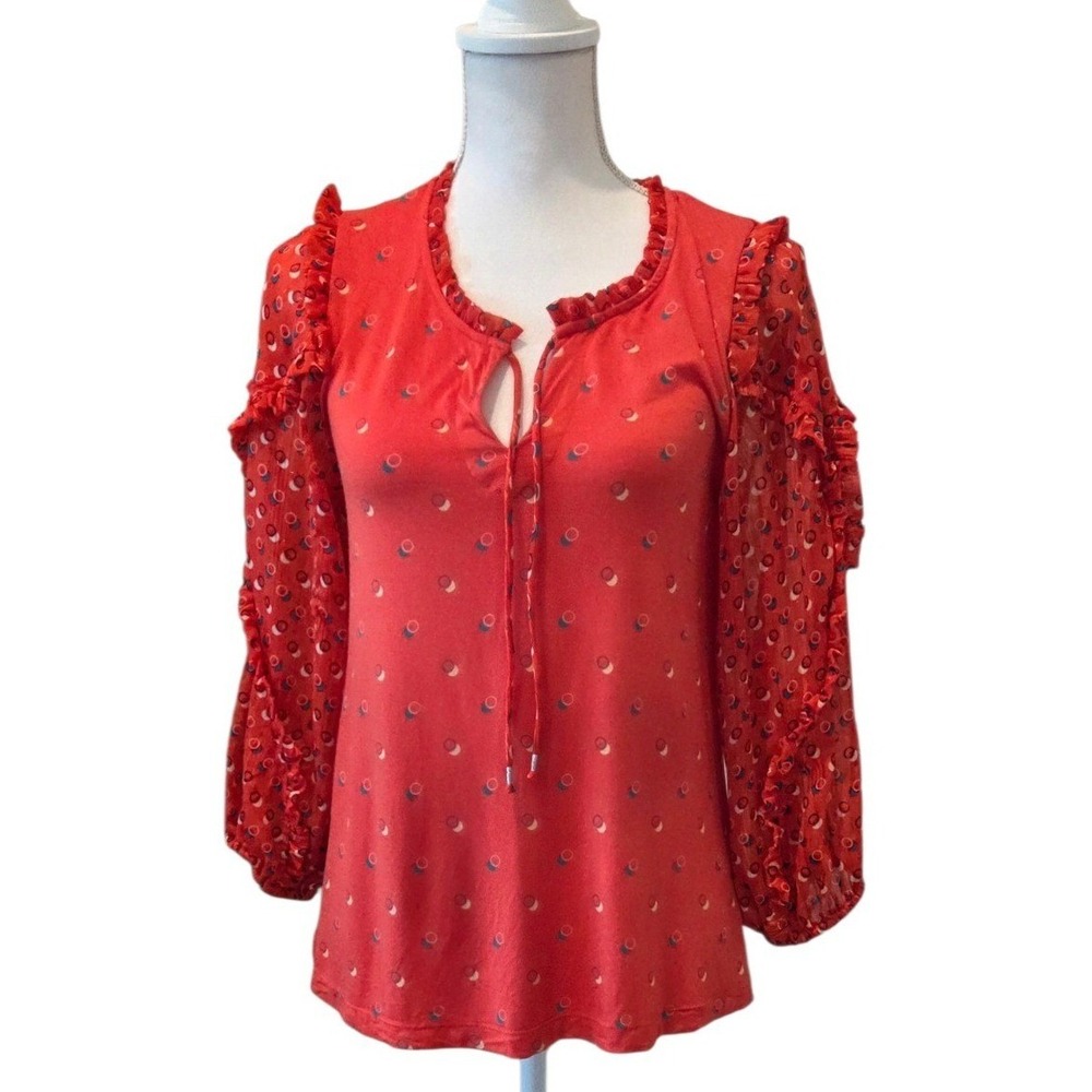 Maeve Anthropologie Blouse Knit Ruffle Sheer Puff Sleeve Red Boho Small